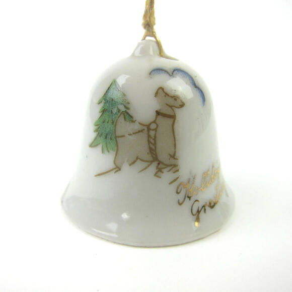 Other - Vintage Christmas Bell Ornament Reindeer & Green Tree Porcelain Japan 1950s